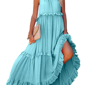 Light blue multi-layered ruffle maxi dress with sleeveless spaghetti straps and tiered skirt