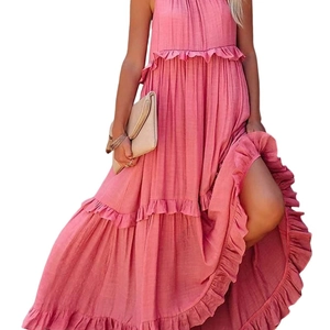 Sleeveless tiered dusty pink maxi dress with pleated texture and layered ruffle hemline