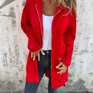 Women Casual Solid Hooded Zip Up Jacket Long Sleeve Mid Length Loose Fit Hoodie Outerwear With Zipper Pockets Fashion Top