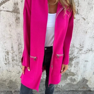 Women long sleeve zip-up hooded jacket in vibrant rose red with practical zipper pockets