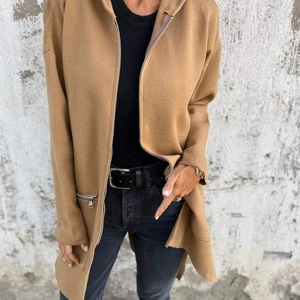 Women's camel long sleeve hooded knit jacket with metal zipper and side pockets