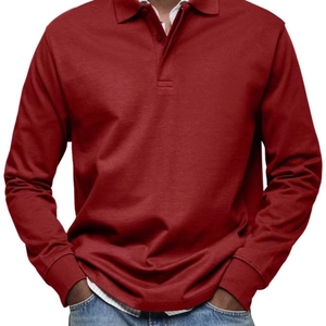 Men's casual long-sleeved dark red polo shirt with buttoned collar and ribbed cuffs