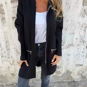 Women's black long sleeve casual hooded jacket with silver zipper pockets and open front