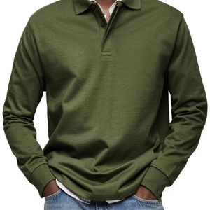 Men's casual olive green long sleeve polo shirt with buttoned collar and ribbed cuffs