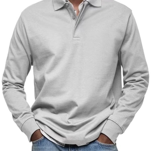 Men's casual long-sleeved polo shirt in light grey with button collar and ribbed cuffs