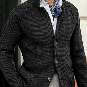 Men Waffle Knit Cardigan Jacket Stand Collar Button Down Sweater Casual Warm Long Sleeve Knitted Outerwear Fashion Autumn Coat