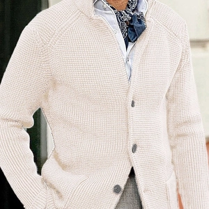 Men's beige waffle knit cardigan sweater jacket with stand collar and button-up front