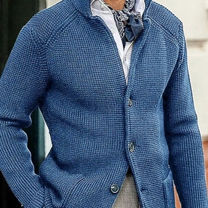 Men's bright blue waffle knit cardigan sweater with button-front closure and lapel collar