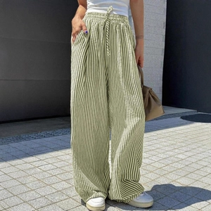 Women Stripe Wide Leg Pants Casual High Waist Drawstring Straight Leg Trousers With Pockets Summer Streetwear Bottoms