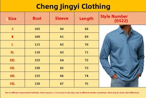 Detailed size chart guide for men's long sleeve polo shirt from S to 5XL