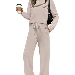 Women's Casual 2-Piece Set Long Sleeve Round Neck Pleated Top And Wide Leg Drawstring Pants Loungewear Fall Winter Outfit