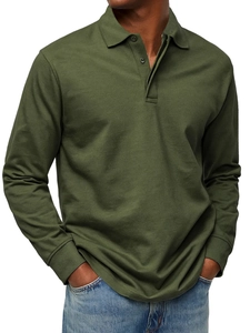 Close-up of olive green long sleeve polo shirt with ribbed cuffs and buttoned lapel