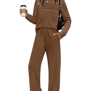 Women's autumn casual knit set with long sleeve top and wide leg pants in coffee brown