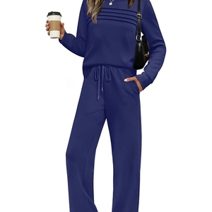 Women's dark blue casual lounge set with pleated long sleeve top and wide leg pants