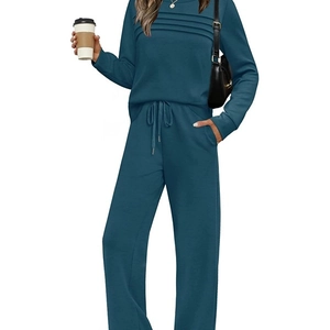 Women's 2-piece casual set with round neck long sleeve top and wide-leg trousers