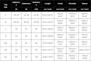 Detailed size guide table for men's denim shirt showing US UK EUR measurements in cm and inches