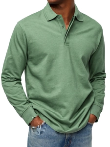 Detail view of sage green long sleeve polo shirt showing collar and ribbed cuffs