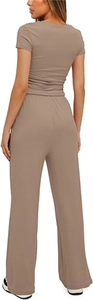 Rear view of two-piece summer set showing pleated short sleeve top and wide leg pants