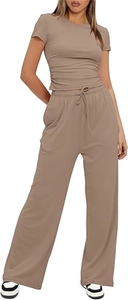 Detail of mocha pleated short sleeve top and high waist wide leg pants set with drawstring