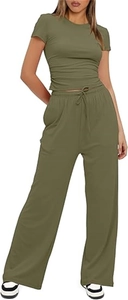 Detail view of olive green two-piece ruched short sleeve top and wide leg pants set