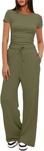 Detail of olive green two-piece lounge set with slim short sleeve top and drawstring pants