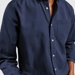 Men's navy blue long sleeve casual denim shirt with front pocket and cotton linen texture