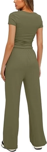 Back view of olive green two-piece lounge set with short sleeve top and wide-leg trousers