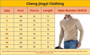 Detailed size chart for men's V-neck thermal polo shirt with 1/4 zipper closure