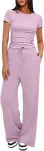 Detail of lavender ribbed knit set showing side ruched top and drawstring waist trousers
