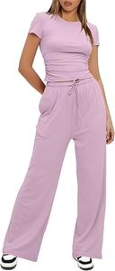 Detail of lavender two-piece set featuring ruched side T-shirt and drawstring wide-leg pants