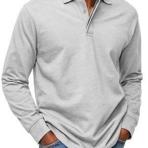 Men's light grey long-sleeve polo shirt with ribbed cuffs and a classic buttoned collar