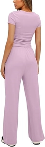 Rear view of a lavender two-piece set featuring a slim-fit tee and wide-leg trousers