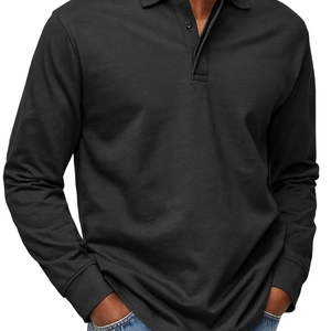 Classic men's black long sleeve polo shirt with ribbed cuffs and a buttoned collar