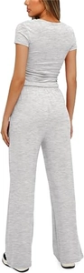 Rear view of a grey two-piece knit set featuring short sleeve top and wide leg trousers