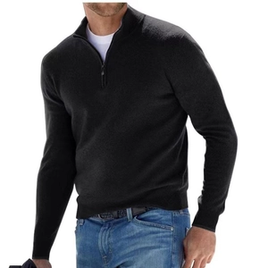 Classic black quarter-zip long sleeve knit polo shirt for men featuring ribbed cuffs