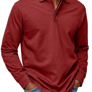 Men's long sleeve polo shirt in deep burgundy red with classic collar and ribbed cuffs