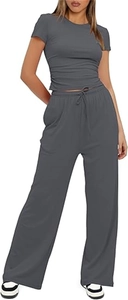 Detailed view of dark grey high-waist drawstring pants and ruched side short sleeve t-shirt
