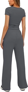 Dark gray two-piece summer set with slim short sleeve top and high waist wide leg pants
