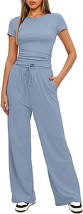 Macro view of blue knit texture on short sleeve top and drawstring lounge pants