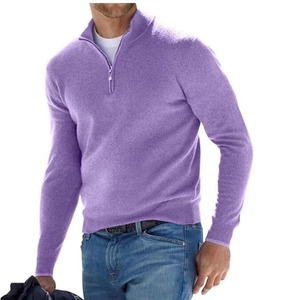Close-up detail of lavender quarter-zip polo shirt for men in soft knitted fabric