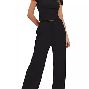 Women Summer Top And Pants Ruched Short Sleeve T-Shirt And Wide Leg Drawstring Trousers Streetwear Polyester Spandex Outfit