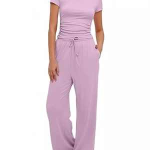 Lavender two-piece summer set with short sleeve top and drawstring wide-leg pants