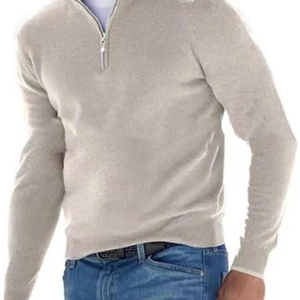 Men's winter long sleeve polo shirt with half-zip V-neck in light oatmeal grey knit