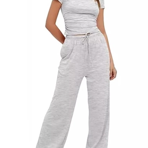 Women's summer two-piece grey lounge set with ruched short sleeve top and wide leg pants