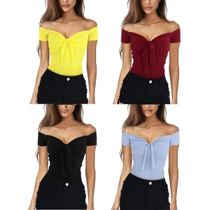 Detail view of off-shoulder V-neck tops with front tie in yellow, red, black and blue