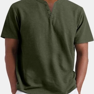 Camicia Henley da uomo in cotone a maniche corte con scollo a V in verde militare