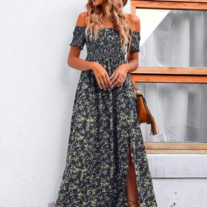 Dames Boheems Off-the-Shoulder Bloemen Maxi Jurk Gesmokte Taille Hoge Split Zomer Strandvakantie Polyester Lange Jurk