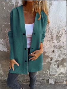 Women's deep lake green hooded knit cardigan with classic button-up design and long sleeves