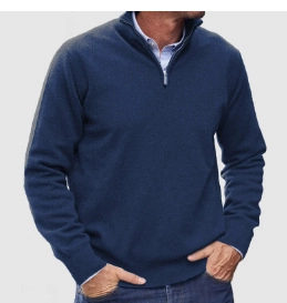 Men's navy blue quarter-zip knitted polo shirt with a stylish stand collar design