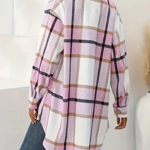 Damen Kariert Hemdjacke Mit Taschen Einreihig Lose Mittellang Revers Langarm Shacket Lässig Rosa Karo Mantel